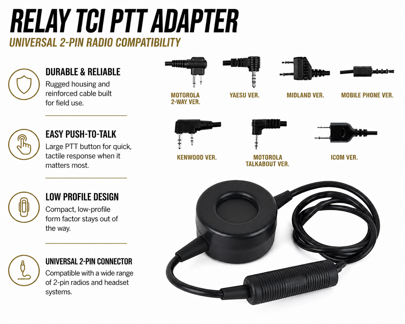 Relay™ TCI Push-to-Talk (PTT) for Kenwood Radios | Tactical Headset Compatible